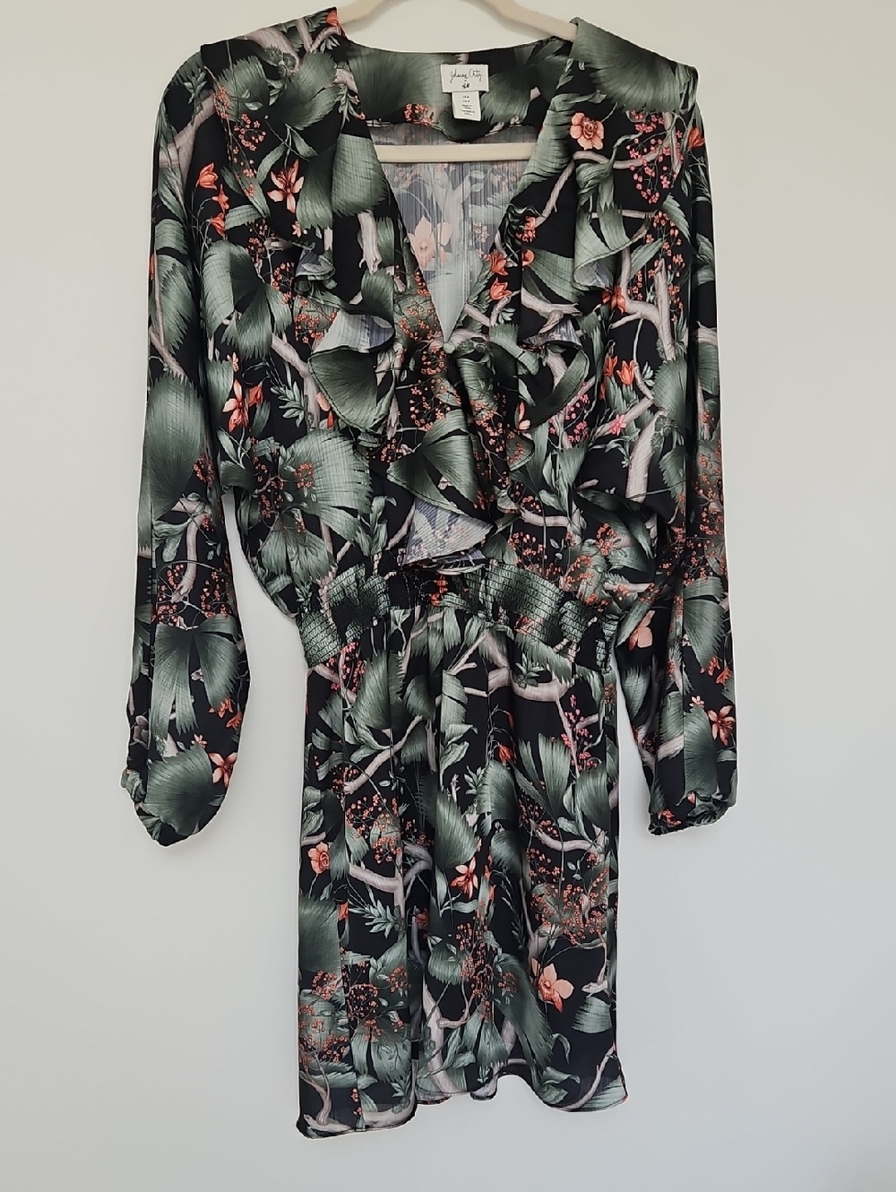 Johanna Ortiz Hym Black Dress with Green Leaf & Coral Floral Print